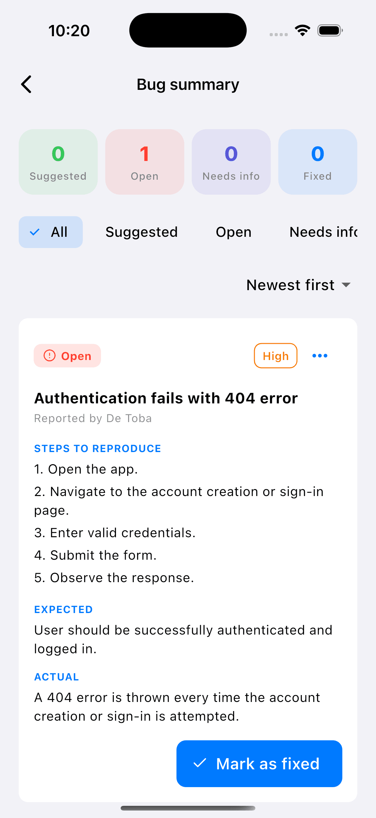 BetaFeedback bug summary screen with open and fixed issues