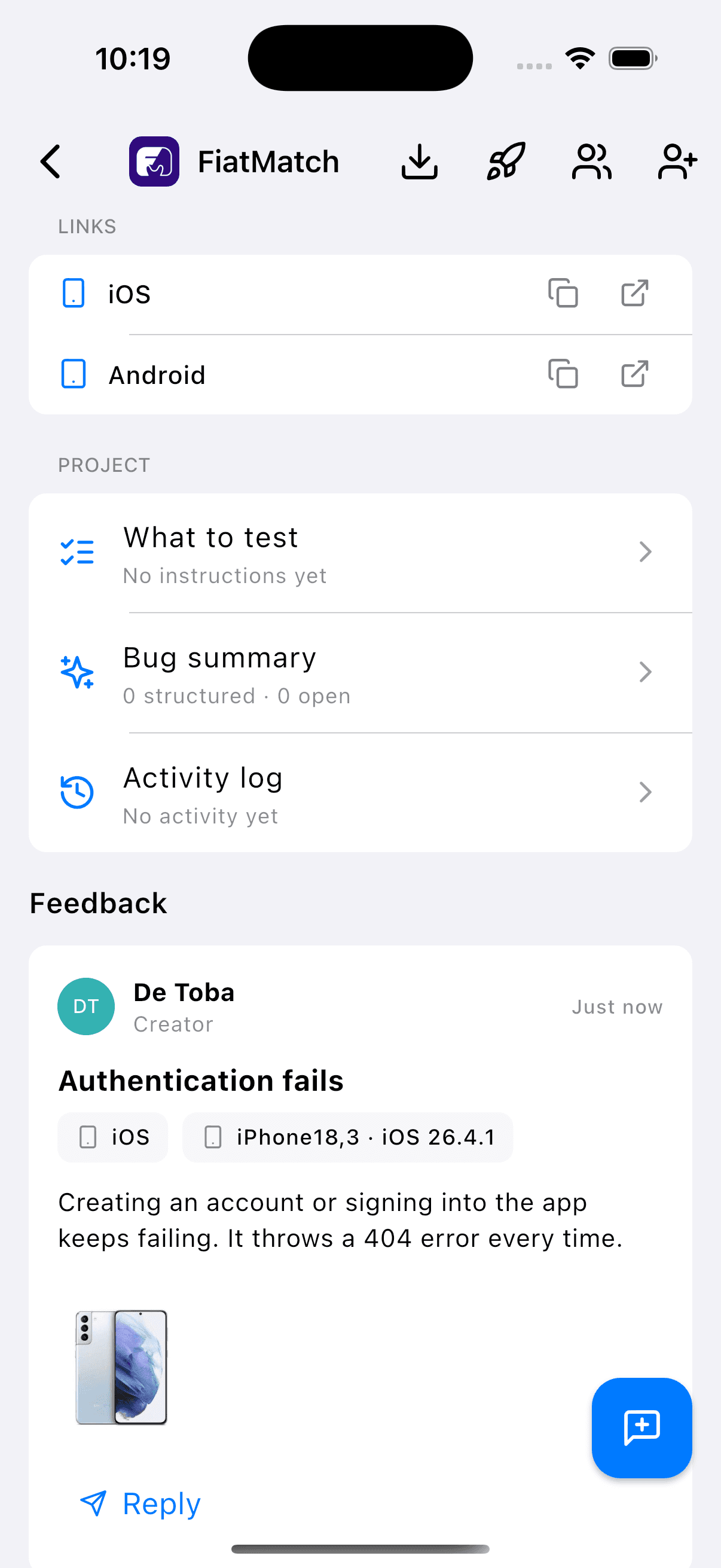 BetaFeedback project screen showing tester feedback and an AI-suggested bug